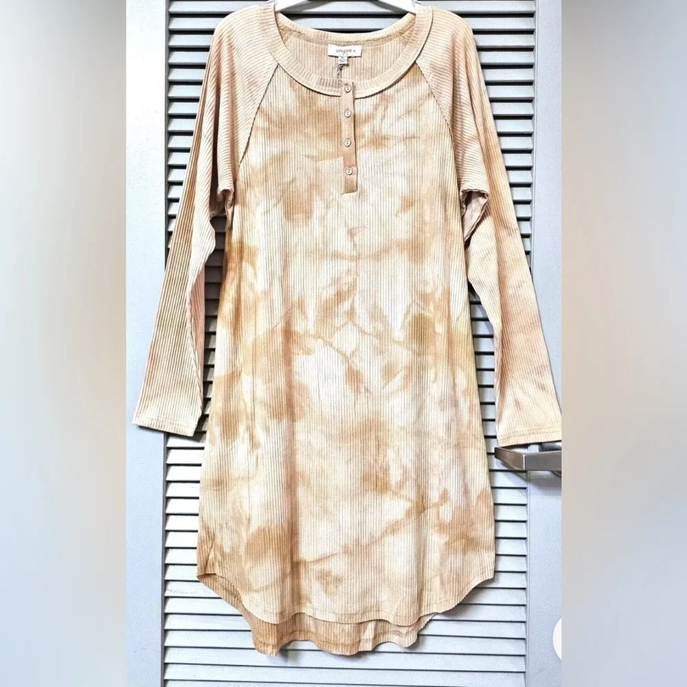 Umgee Boutique Women's Beige Tie Dyed Ribbed Henley Midi Dress NWT XL 1X #2333-4